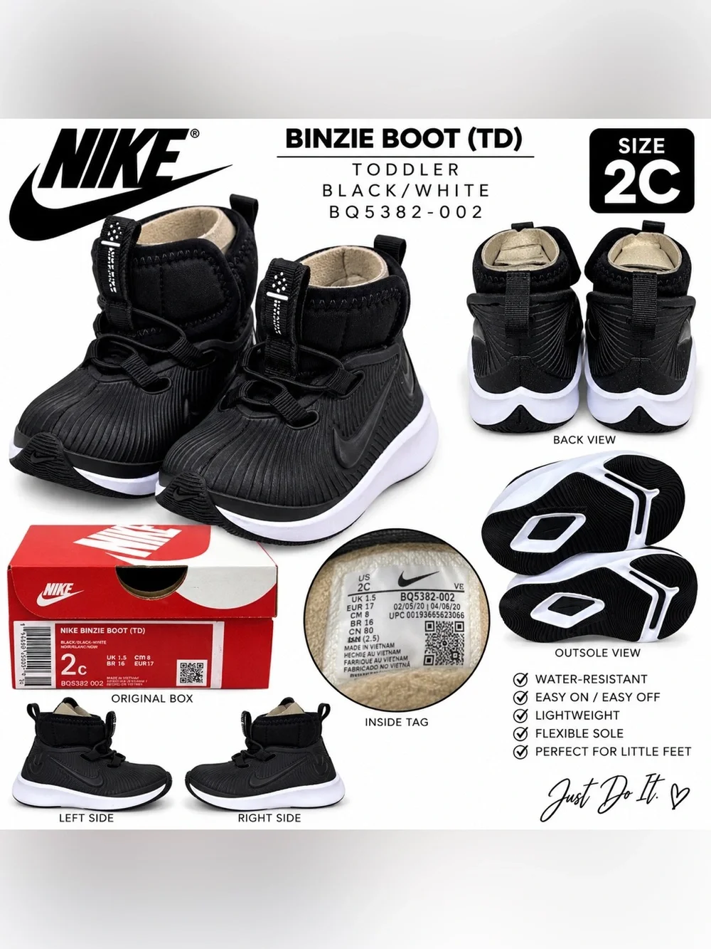 Nike Binzie Boot (TD) Baby/Toddler Size 2c Black/White BQ5382-002 Rain Boots NEW